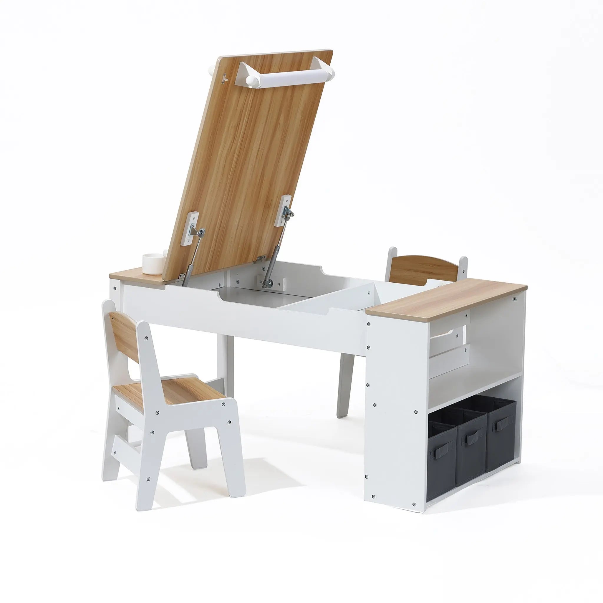 The LuxenHome Activity Children Table with Storage Bookcase and 2 Chairs Set features a lifting wooden surface for hidden storage, making it perfect for creative projects. This set includes three black bins under a white design with light wood accents.