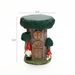 A gnome tree house garden stool with mushrooms and a door, measuring 12.6 wide by 16.9 tall, perfect as a multifunctional table and charming outdoor space decor.