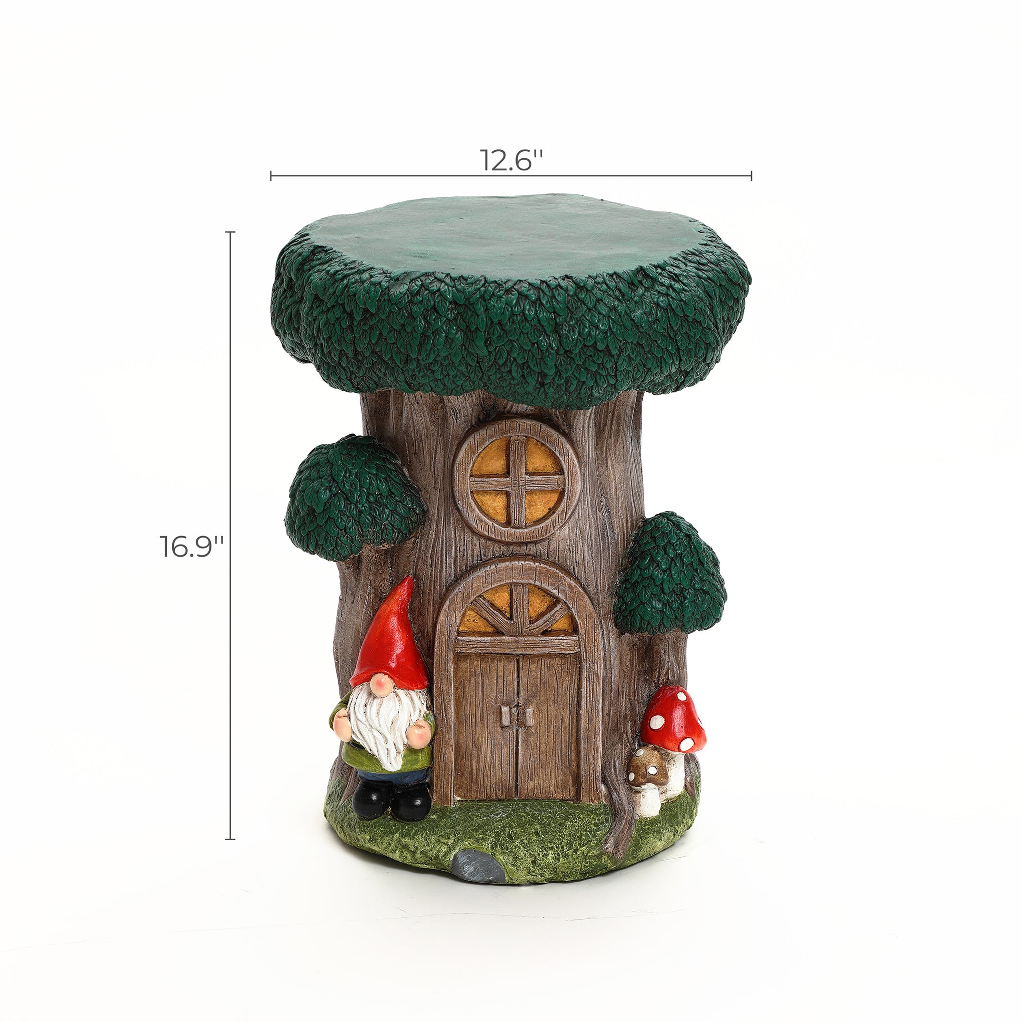 A gnome tree house garden stool with mushrooms and a door, measuring 12.6 wide by 16.9 tall, perfect as a multifunctional table and charming outdoor space decor.