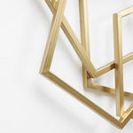 Close-up of a geometric metal wall sculpture featuring interlocking golden lines against a white background, this Gold Iron Metal Wall Art perfectly captures the essence of abstract shapes wall decor.