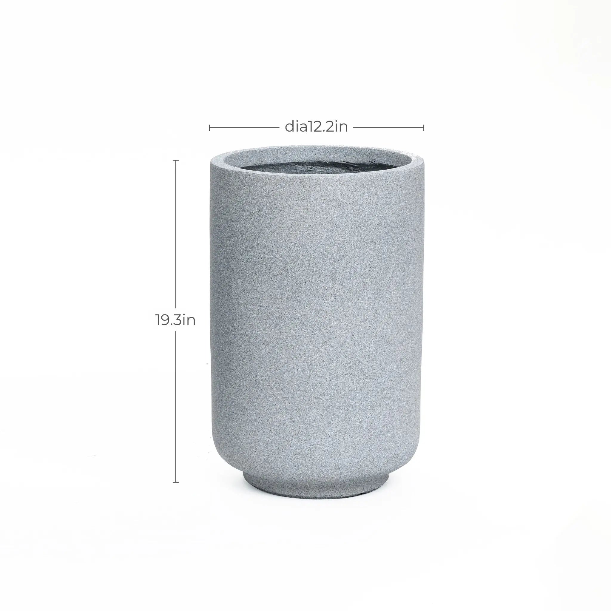 Gray cylindrical vase with a height of 19.3 inches and diameter of 12.2 inches, reminiscent of a modern minimalist decor piece, sits against a plain white background. Its ideal as a weather-resistant planter for those who appreciate sleek, subtle elegance in their spaces.