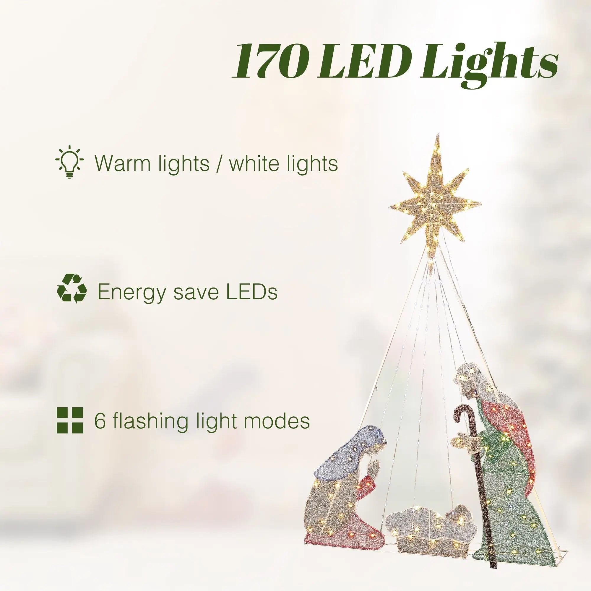 Illuminate your home this season with a decorative nativity scene that features 170 energy-saving LED bulbs, offering warm/white light options and six flashing modes. This stunning Christmas decoration even showcases the North Star, creating a mesmerizing holiday display.