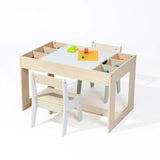 The LuxenHome Drawing and Activity Board Children Table Set features a light wood finish with built-in storage, two chairs, and colorful tabletop toy blocks, making it ideal for creative activities like drawing or play.