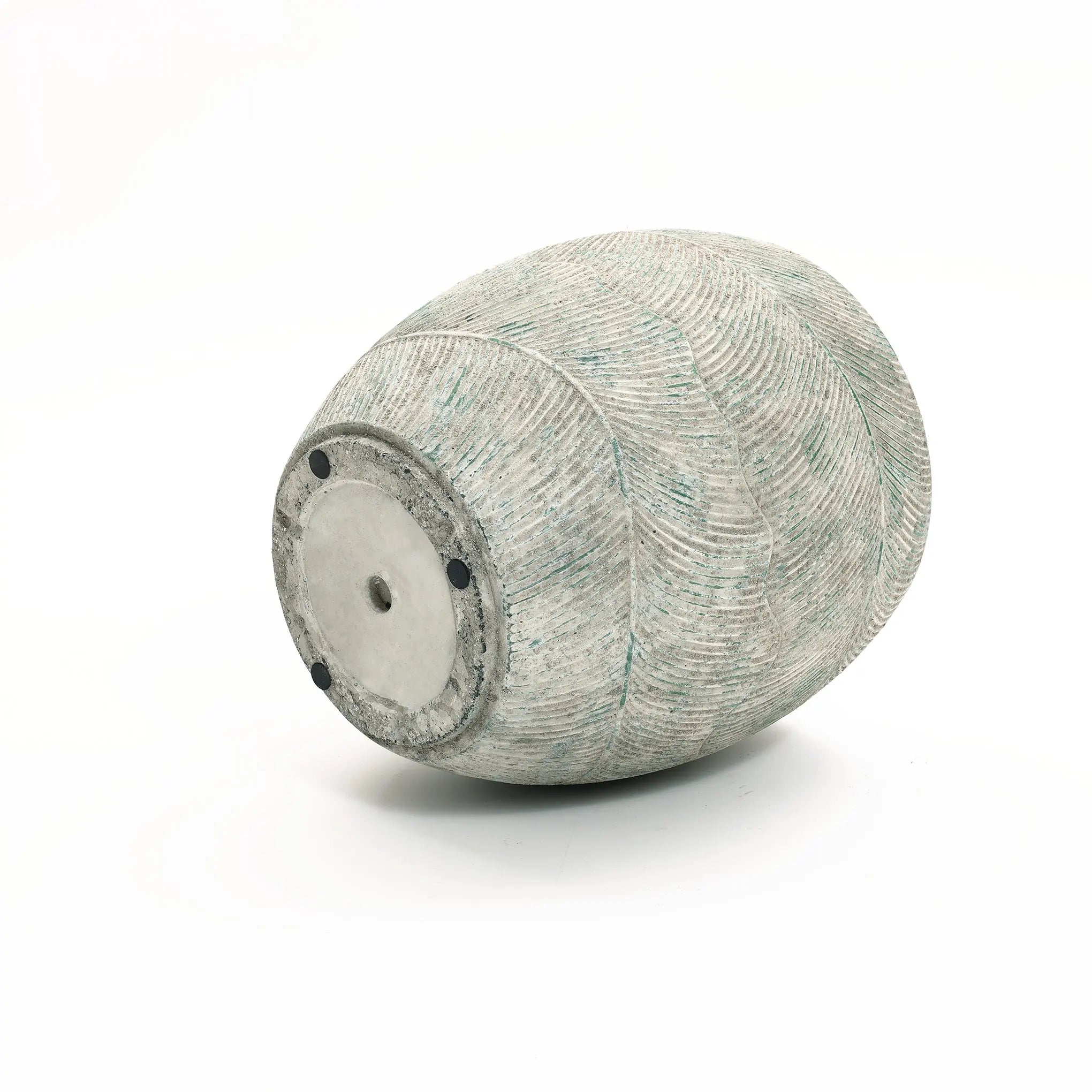 The Rustic Multi-Color Cement 15.4-Inch Round Planter by LuxenHome resembles a large, textured egg on its side, featuring swirling surface patterns and a flat base with small dark circular points, creating an intriguing focal point for any garden.