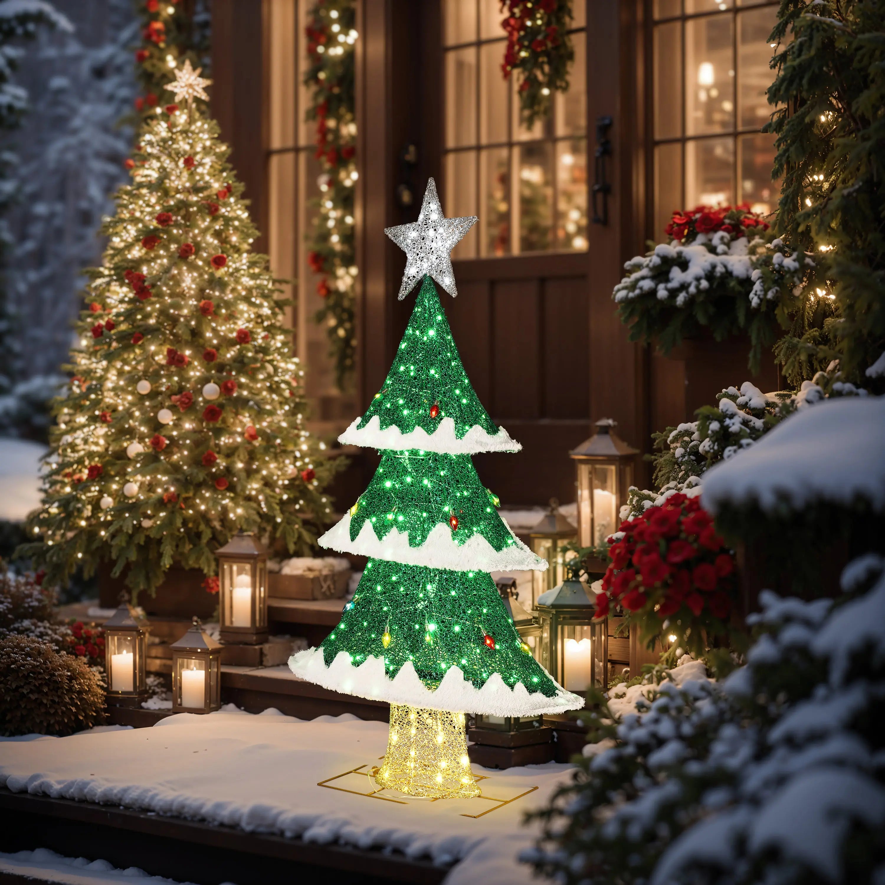 A festive outdoor scene with LED-lit Christmas trees and lanterns, surrounded by snow and beautifully decorated windows, embodies the holiday decor perfectly.