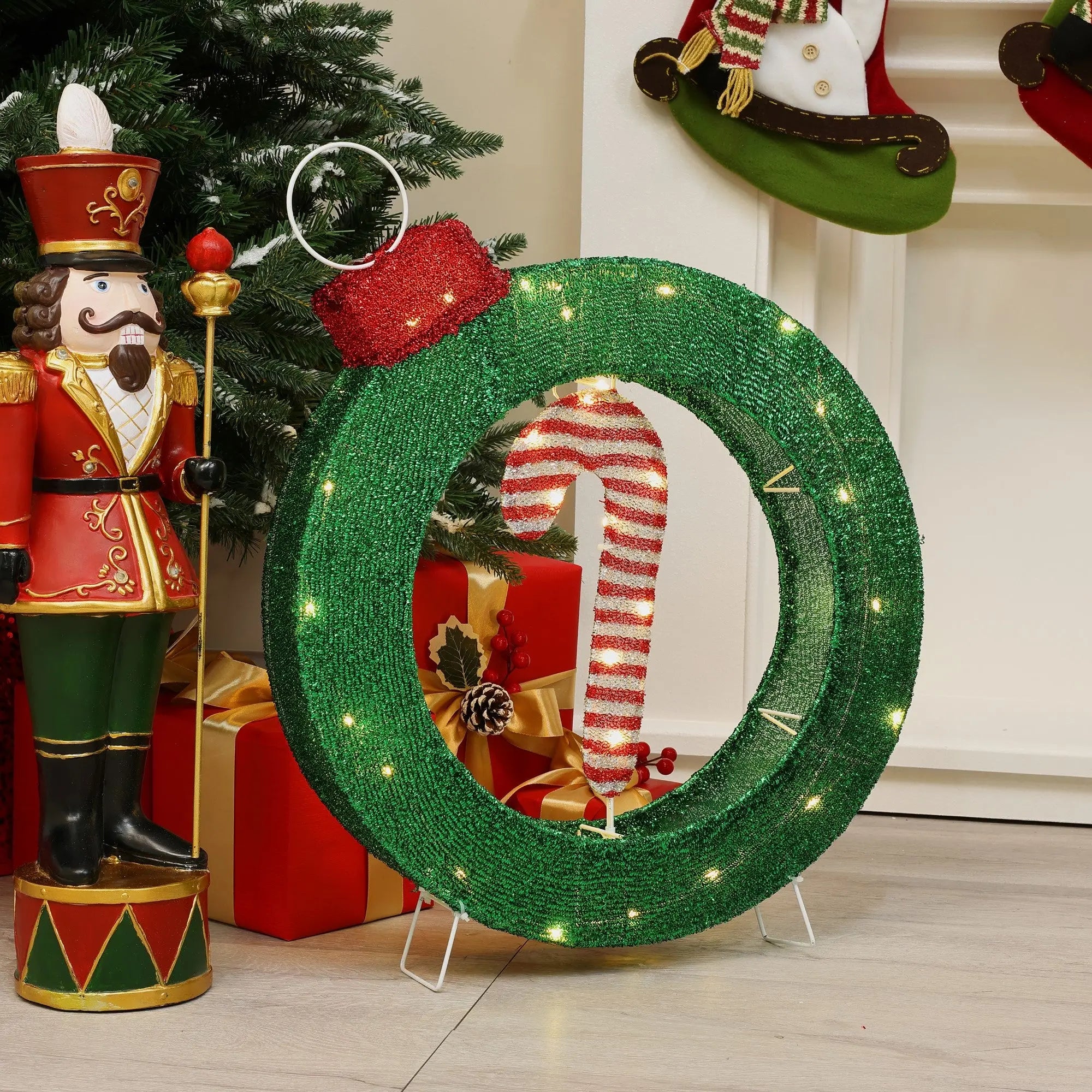 Candy cane lighted wreath outdoor christmas decoration, 1.9 ft tall - LuxenHome