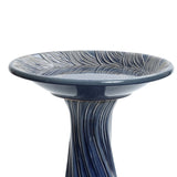 Blue ceramic birdbath with leaves and swirl pattern - LuxenHome