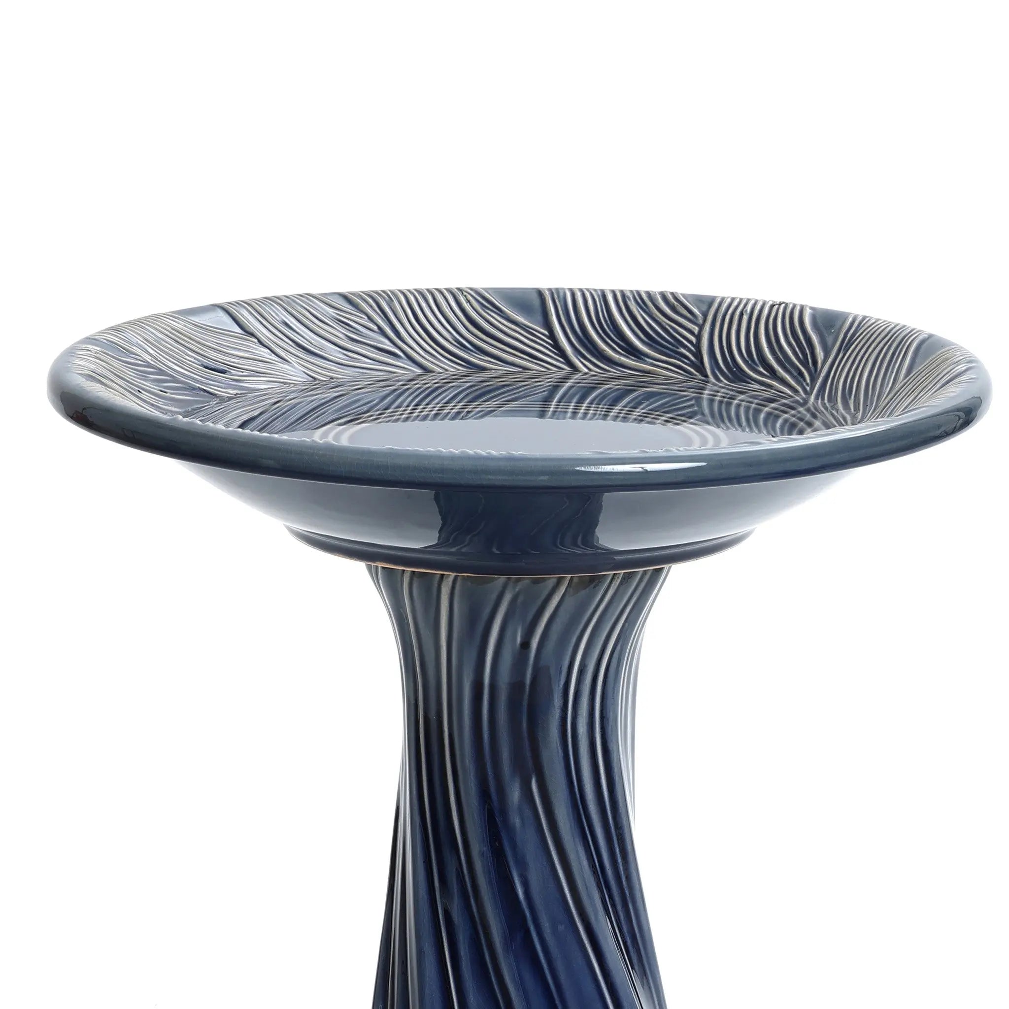 Blue ceramic birdbath with leaves and swirl pattern - LuxenHome