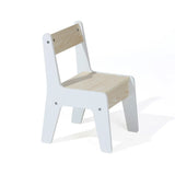The LuxenHome Drawing and Activity Board Children Table with 2 Chairs Set showcases minimalist design with a light wood seat and backrest paired with white legs. This versatile, multi-functional furniture perfectly complements any space, standing out beautifully against a white background.