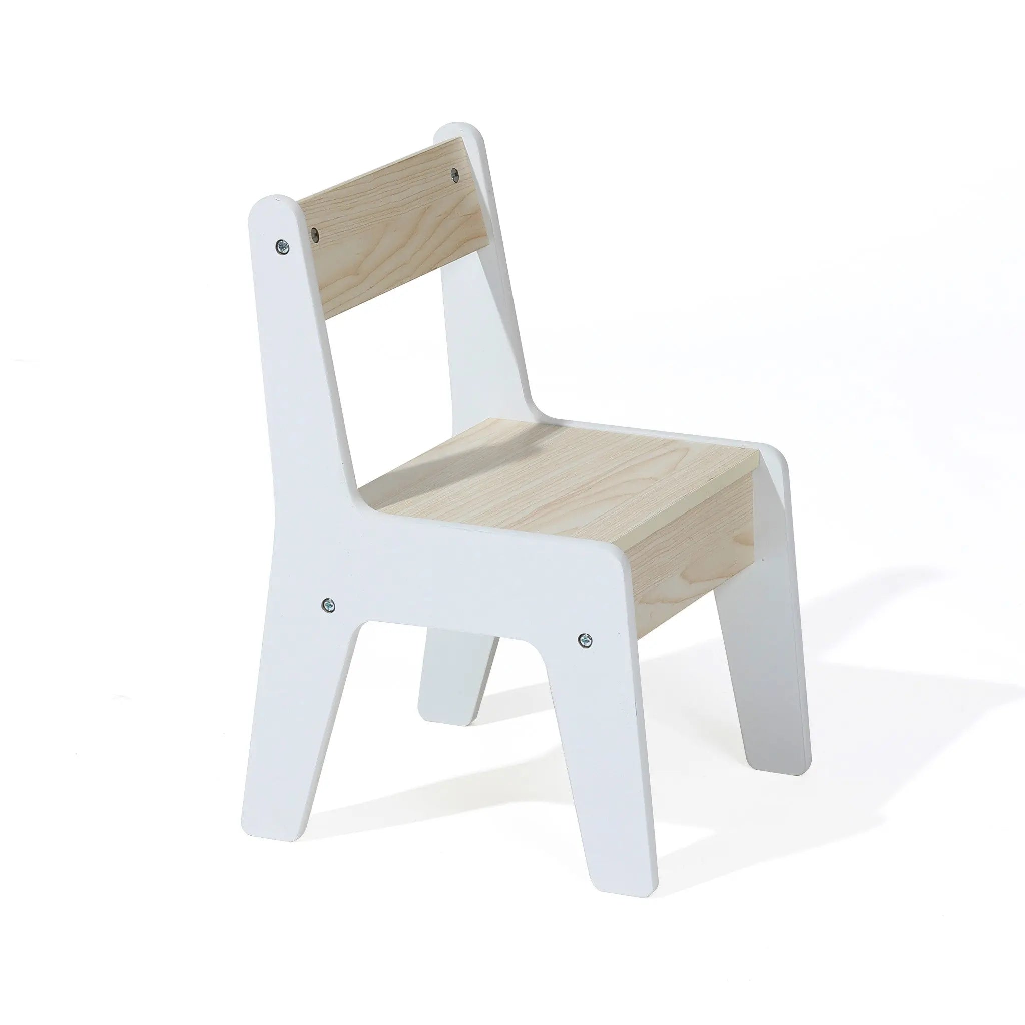 The LuxenHome Drawing and Activity Board Children Table with 2 Chairs Set showcases minimalist design with a light wood seat and backrest paired with white legs. This versatile, multi-functional furniture perfectly complements any space, standing out beautifully against a white background.