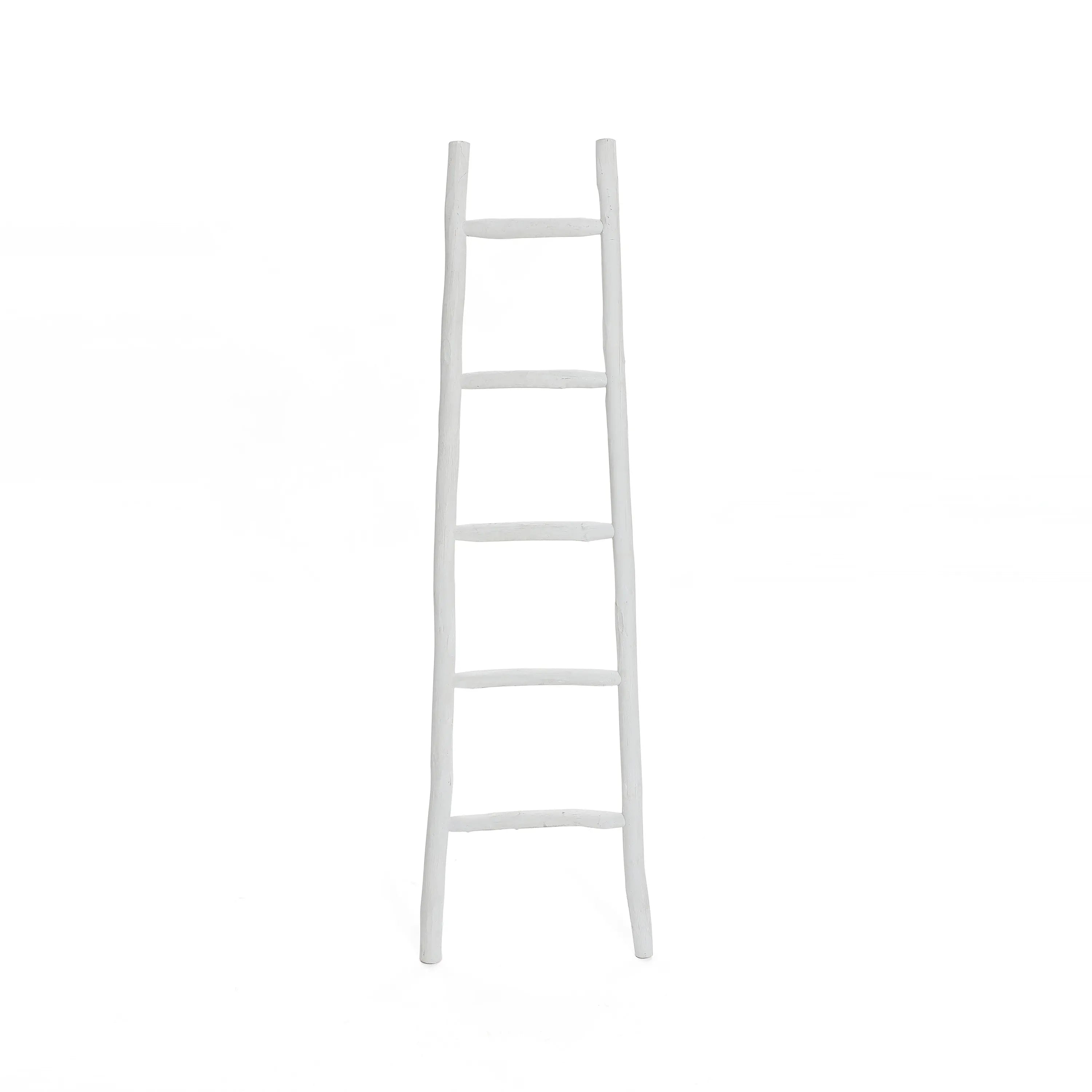 A rustic charm emanates from the white, fir wood ladder, featuring five sturdy rungs and standing elegantly against a plain background.
