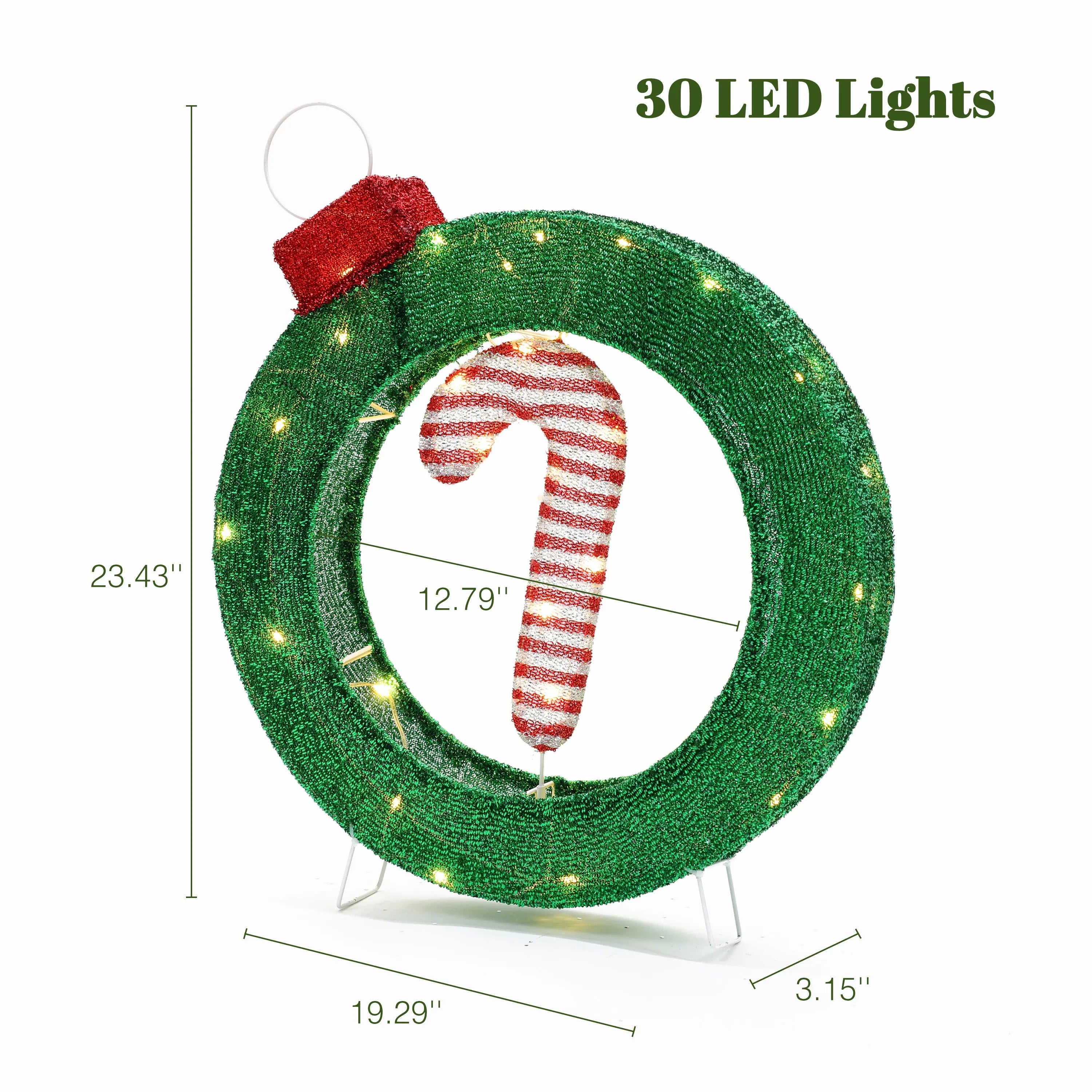 Candy cane lighted wreath outdoor christmas decoration, 1.9 ft tall - LuxenHome