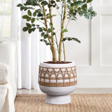 A tall potted plant with green leaves stands in a decorative round planter wrapped with braided rattan, exuding a Bohemian style. Placed on a light-colored floor next to a sofa and curtained window, it adds an earthy elegance to the room.