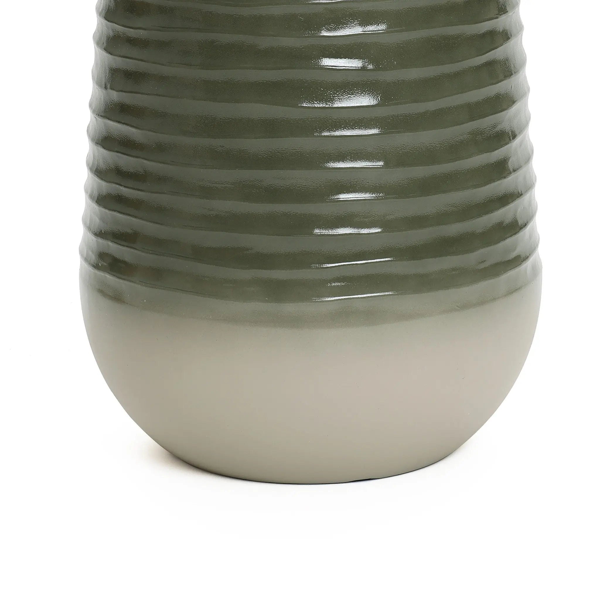Close-up of a planter vase with a smooth, gradient design transitioning from dark green at the top to light gray at the bottom, perfect for indoor and outdoor environments.