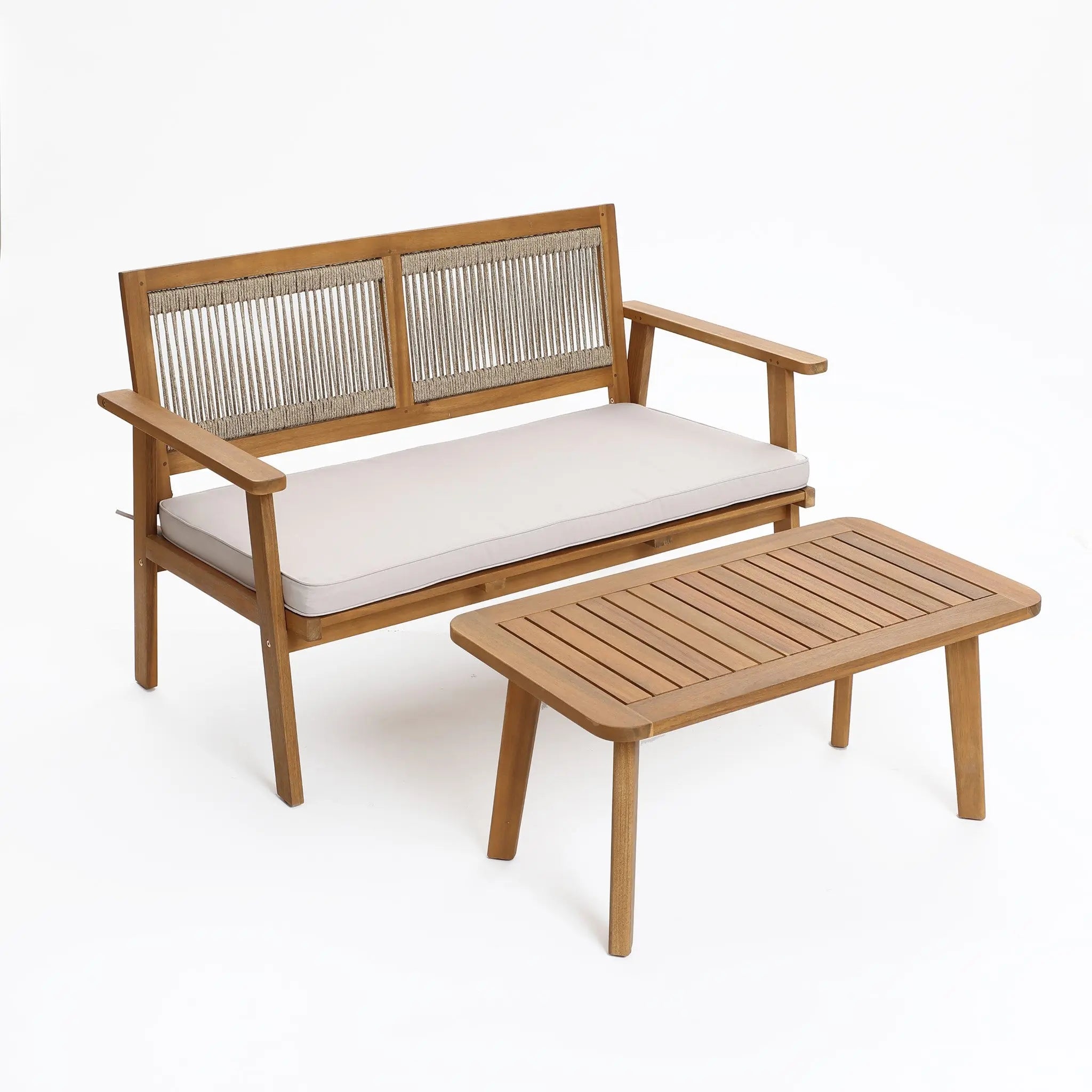 This outdoor loveseat set combines modern minimalist furniture design with an elegant wooden patio aesthetic. Crafted from FSC-certified Acacia wood, it features a rope-backed, cushioned loveseat and a slatted coffee table, perfect for relaxing in style.