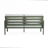 Back view of a modern outdoor loveseat sofa with a durable aluminum alloy frame and plush light grey cushions, set against a plain white background.