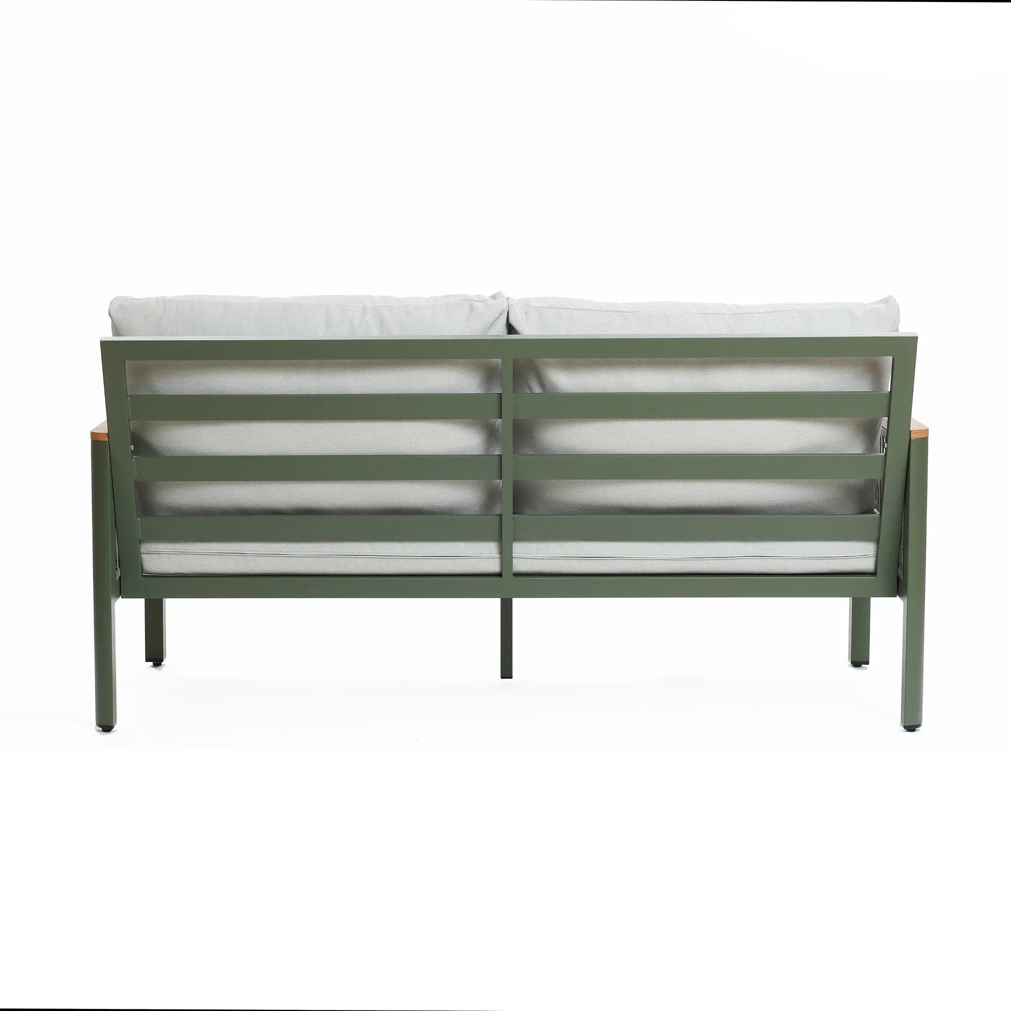 Back view of a modern outdoor loveseat sofa with a durable aluminum alloy frame and plush light grey cushions, set against a plain white background.