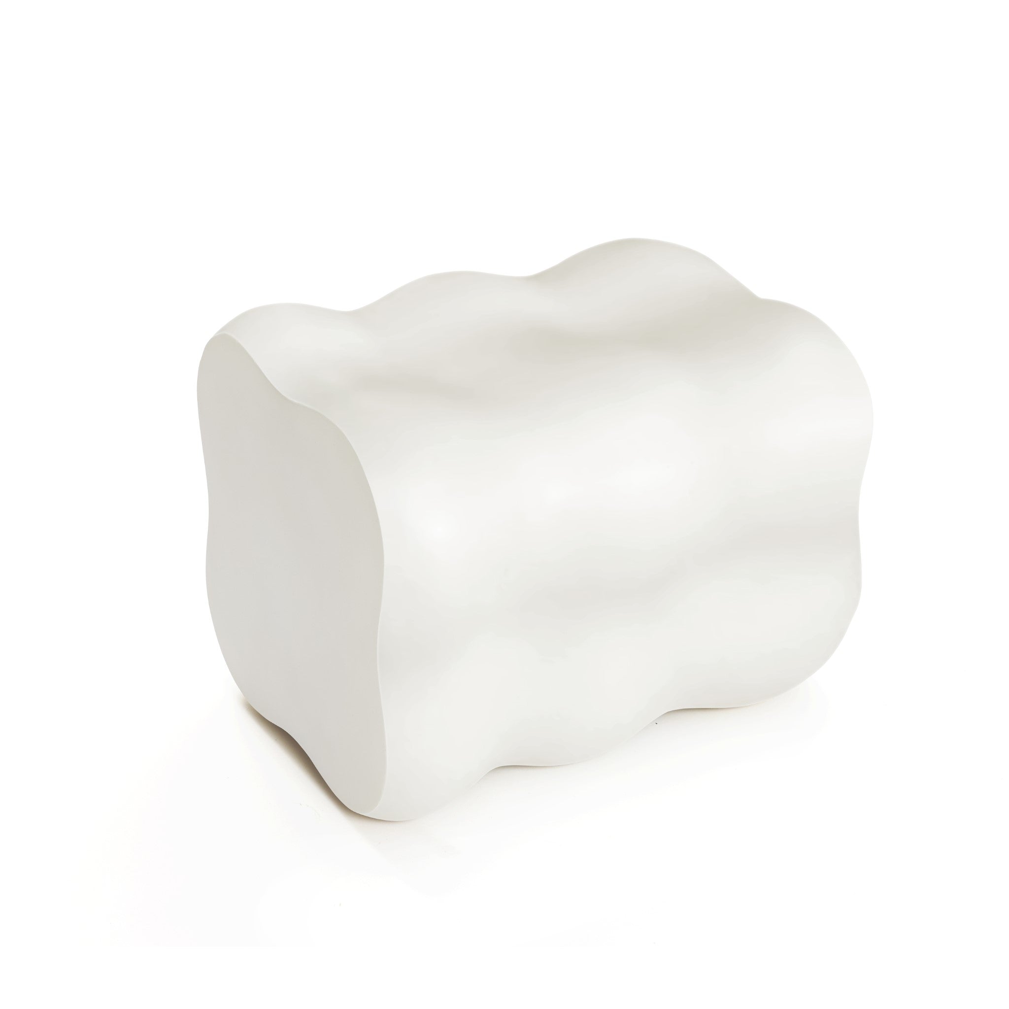 A white, abstract, wavy-shaped sculpture with a smooth surface, resembling a cloud or organic form, crafted from MgO material.