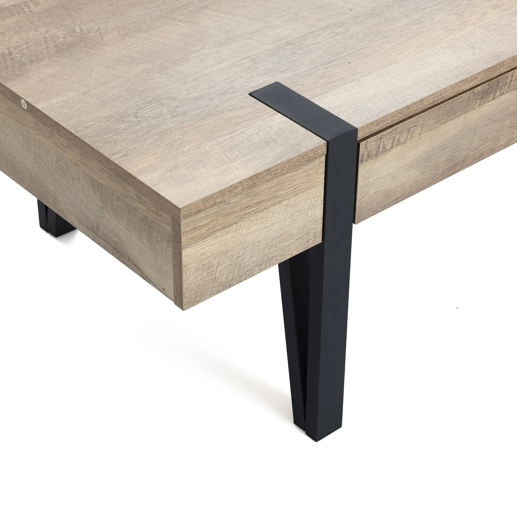 This vintage coffee table with black metal legs adds farmhouse charm to any living room.