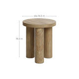 Wooden stool with a round top and three cylindrical legs, featuring an oak finish; dimensions: diameter 16.5 inches, height 19.3 inches. Perfect as a cozy round side table for any room.