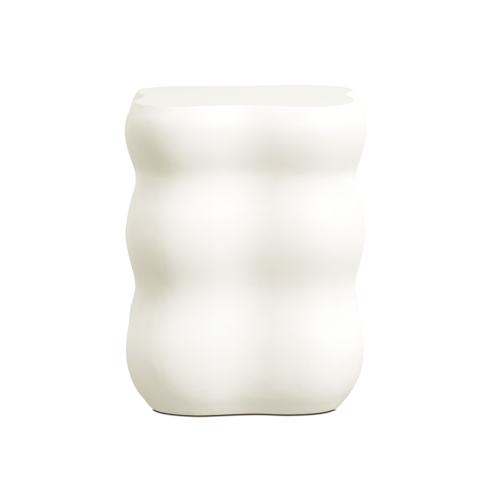 A white, ribbed vase with a wavy, cylindrical shape stands elegantly against a plain background, seamlessly fitting into the realm of modern home furnishings.