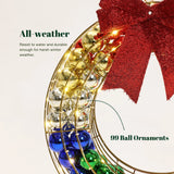 This Holiday Wreath features red, gold, silver, blue, and green ball ornaments topped with a red bow. With all-weather durability and 99 ball ornaments, its perfect for outdoor holiday decoration.