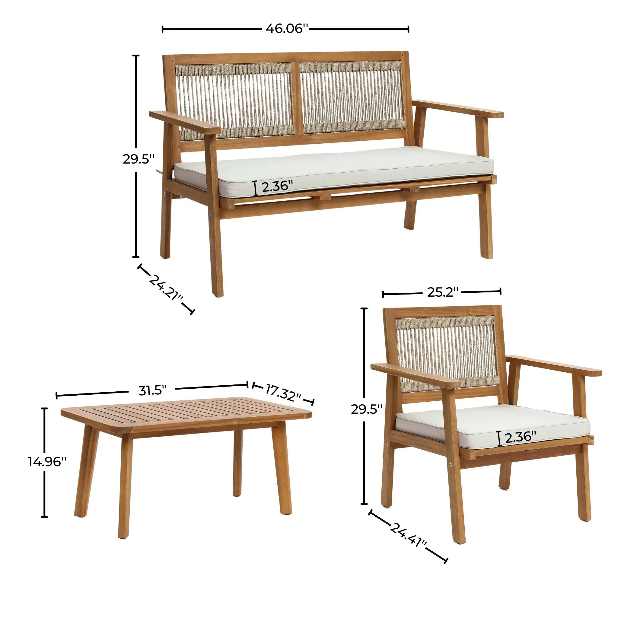 Crafted from FSC-certified Acacia wood, this outdoor furniture set boasts a minimalist design with dimensions: bench (46.06W x 29.5H), chair (25.2W x 29.5H), and table (31.5W x 14.96H). Elegant rope details and white cushions complete the look.