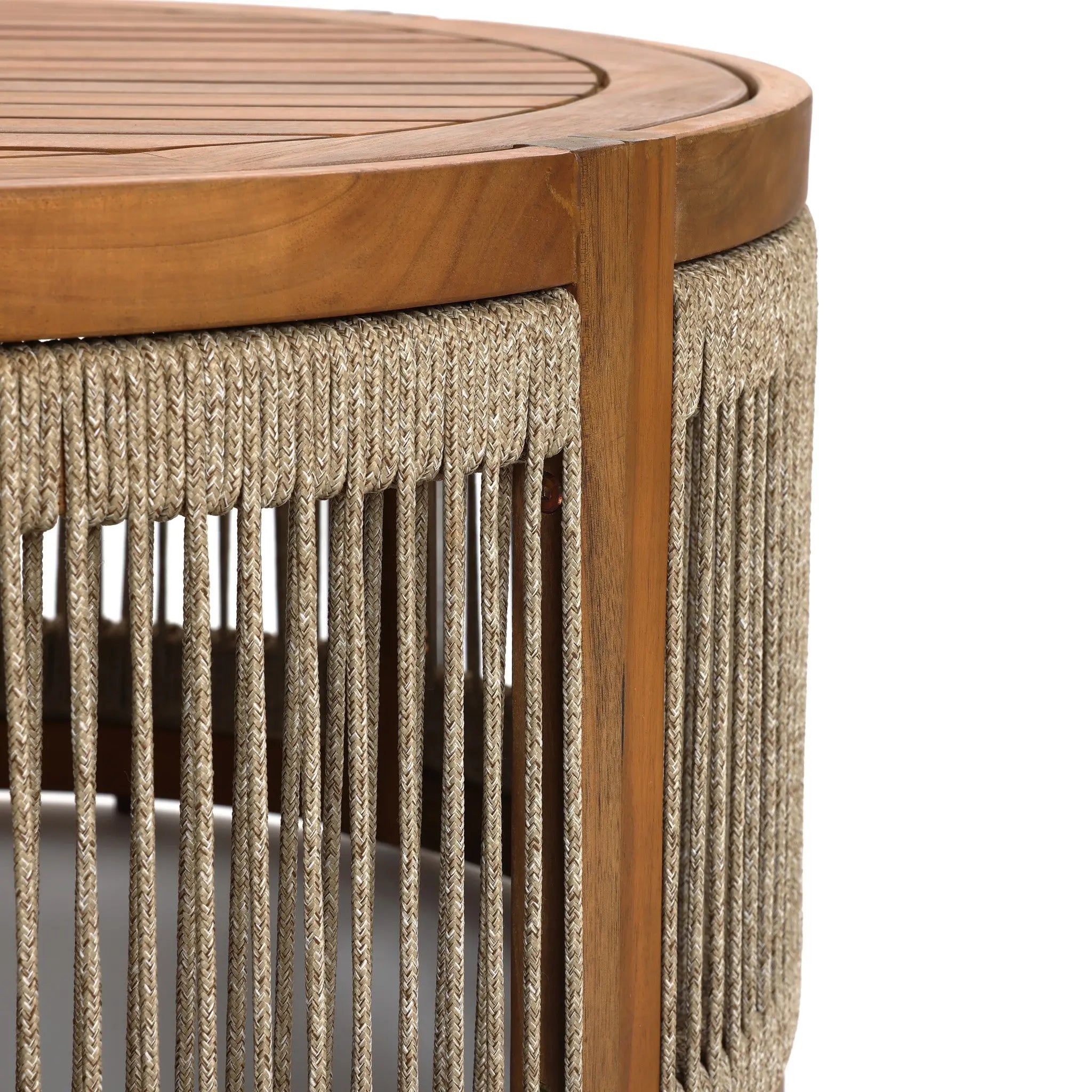 Close-up of a round acacia wood table featuring a hand-woven rope design around the sides, perfect for both indoor and outdoor settings.
