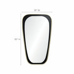 This elongated wall mirror features a black frame with elegant gold trim, measuring 18 inches wide and 30 inches high, offering distortion-free viewing and a contemporary touch to any space.