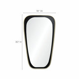 This elongated wall mirror features a black frame with elegant gold trim, measuring 18 inches wide and 30 inches high, offering distortion-free viewing and a contemporary touch to any space.