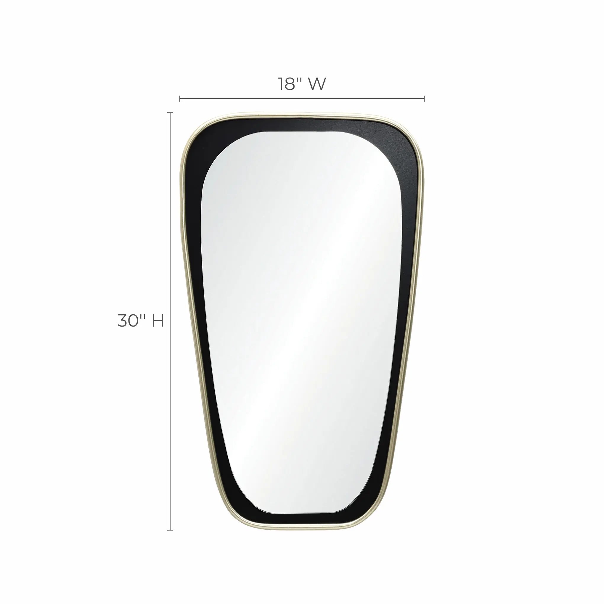 This elongated wall mirror features a black frame with elegant gold trim, measuring 18 inches wide and 30 inches high, offering distortion-free viewing and a contemporary touch to any space.