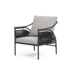 A modern armchair featuring a removable waterproof gray cushion, black metal frame, and wooden armrests.