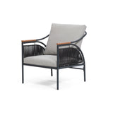 A modern armchair featuring a removable waterproof gray cushion, black metal frame, and wooden armrests.