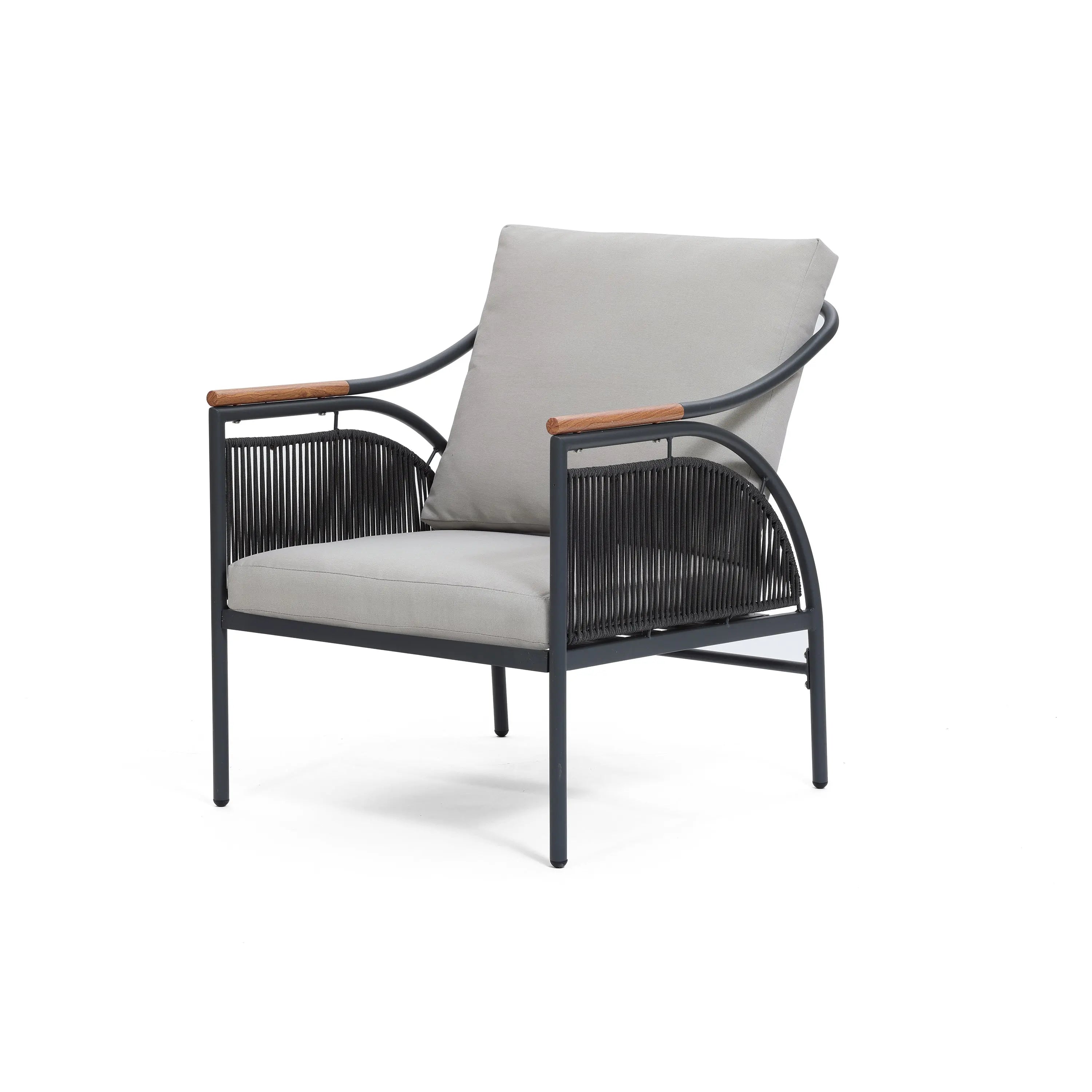 A modern armchair featuring a removable waterproof gray cushion, black metal frame, and wooden armrests.