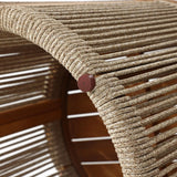 Close-up of a woven rope chair back with a wooden frame made from natural acacia wood. The light-colored, hand-woven ropes are tightly wrapped and secured with round wooden pegs.