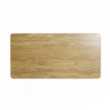 The Aria wood finish dining table by LuxenHome features a 63 wide rectangular wooden surface with rounded corners, showcasing a natural grain pattern and light brown finish. This piece is perfect for enhancing various interior decor styles against a white background. Seats 6 people.