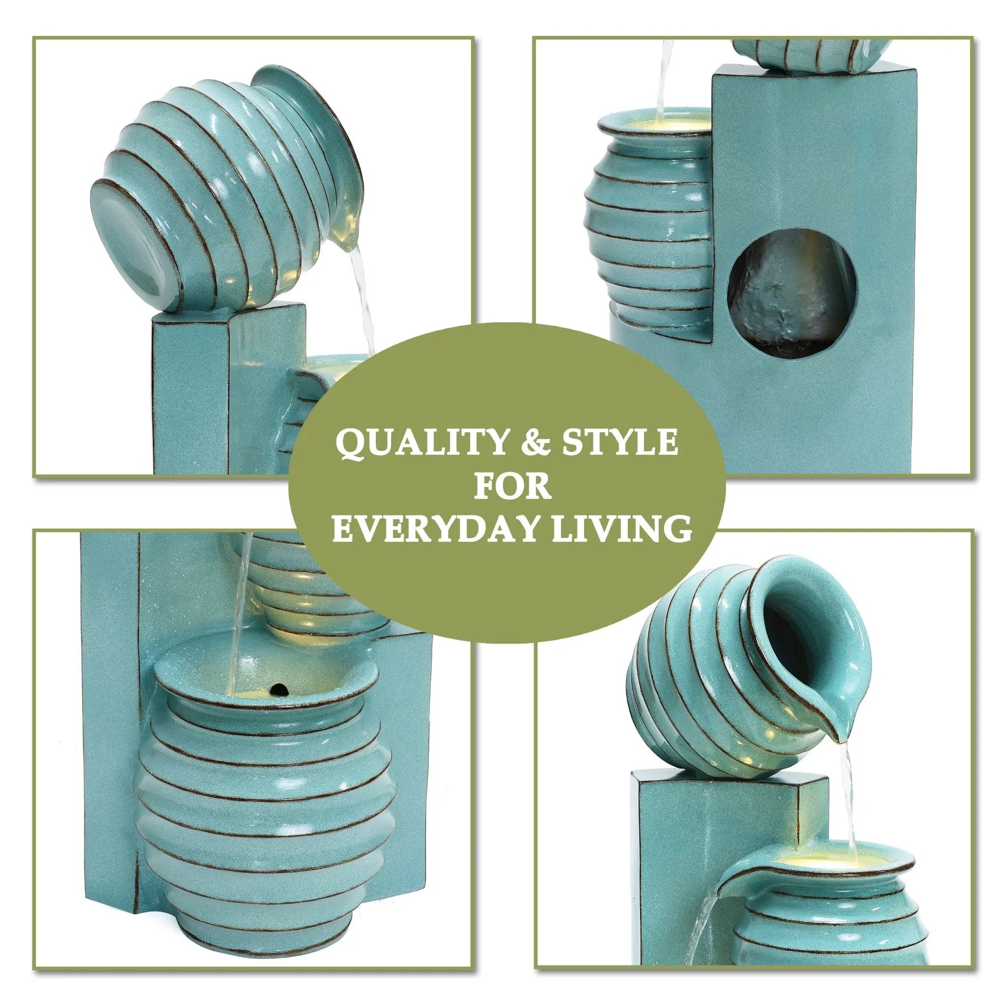 Aqua Blue 3-Tier Bowls Polyresin Outdoor Water Fountain with Lights - LuxenHome