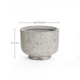 A speckled gray planter exuding retro minimalist decor stands 11.2 inches tall with a 14.8-inch diameter, showcased against a plain white background with dimensions neatly labeled.