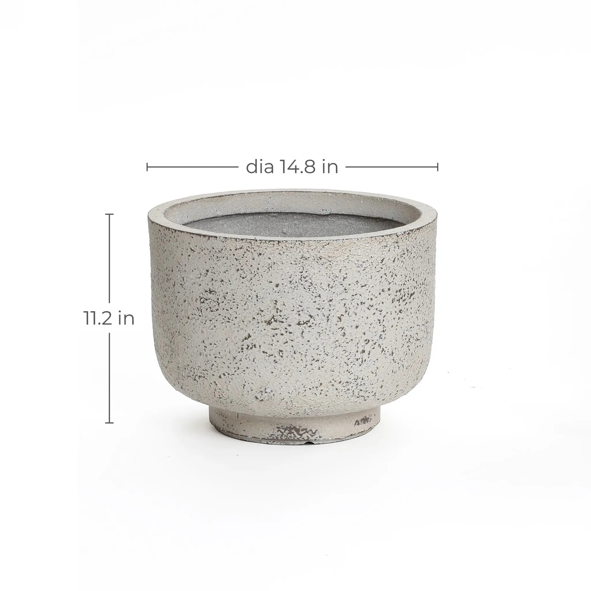 A speckled gray planter exuding retro minimalist decor stands 11.2 inches tall with a 14.8-inch diameter, showcased against a plain white background with dimensions neatly labeled.
