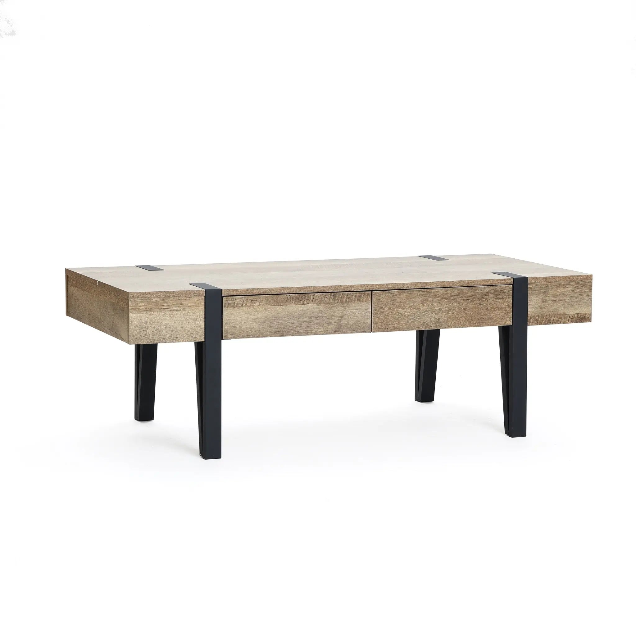 Rectangular modern farmhouse coffee table with an oak finish wood top, black metal legs and corner accents, featuring two front drawers for storage—a living room essential set against a white background.