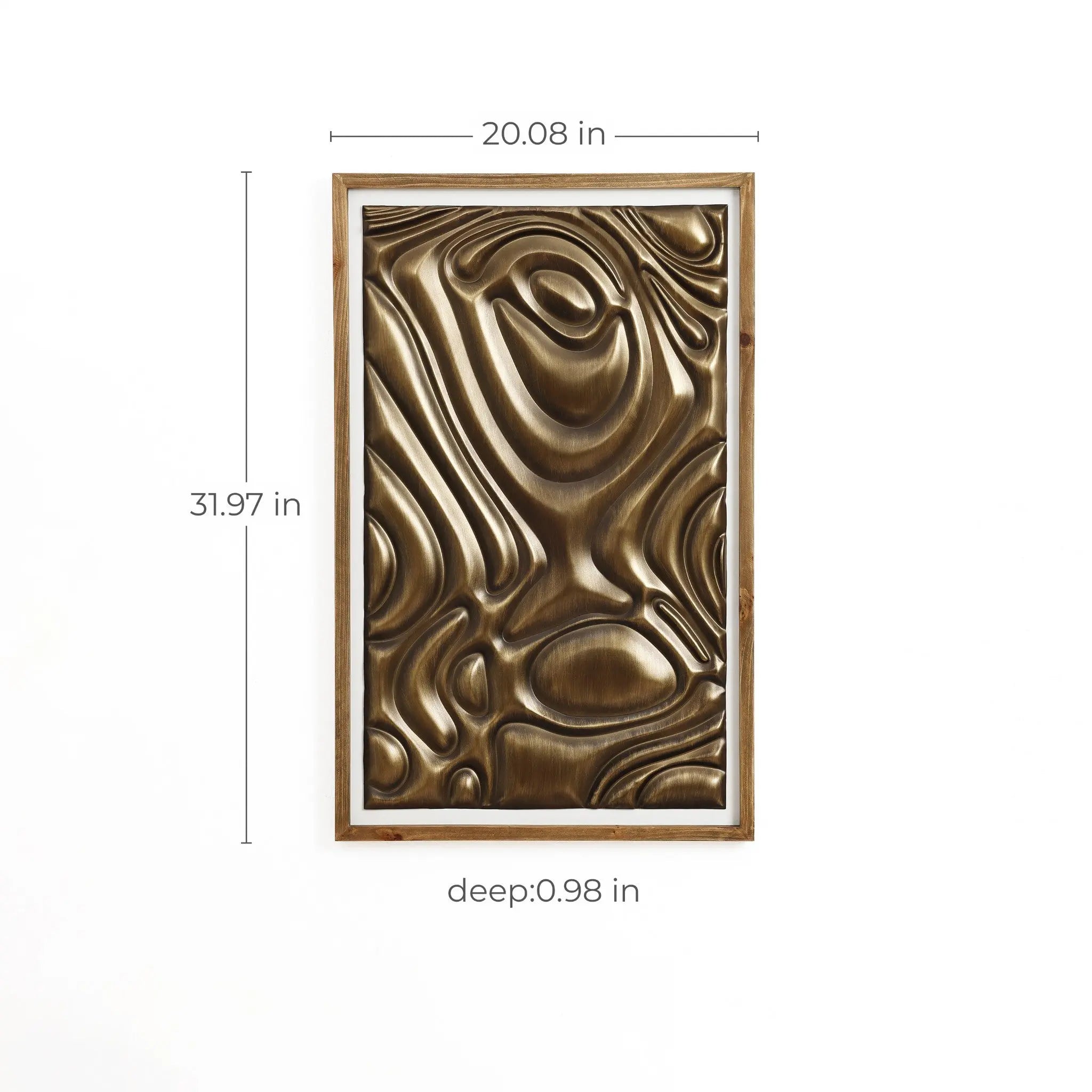 Rectangular wall art in a wooden frame featuring a wavy, gold metal abstract surface. Perfect for modern home decor, its 3D abstract design dimensions are 20.08 in wide, 31.97 in tall, and 0.98 in deep.