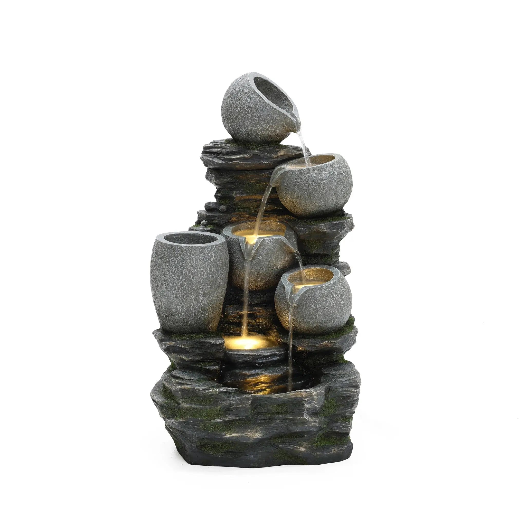 3-Tier Gray Pots on Stacked Rocks Polyresin Outdoor Water Fountain with Lights and Gray Side Planter - LuxenHome