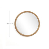 A round decorative mirror with a woven bamboo wood frame, measuring 30 inches in diameter, set against a plain white background.