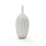 The LuxenHome Modern geometric pattern resin tall trumpet vase features a white, oval-shaped design with an antique geometric leaf pattern. Its narrow, smooth neck contrasts elegantly with the intricate body design, standing gracefully at 23.5 high against a plain white background.