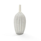 The LuxenHome Modern geometric pattern resin tall trumpet vase features a white, oval-shaped design with an antique geometric leaf pattern. Its narrow, smooth neck contrasts elegantly with the intricate body design, standing gracefully at 23.5 high against a plain white background.