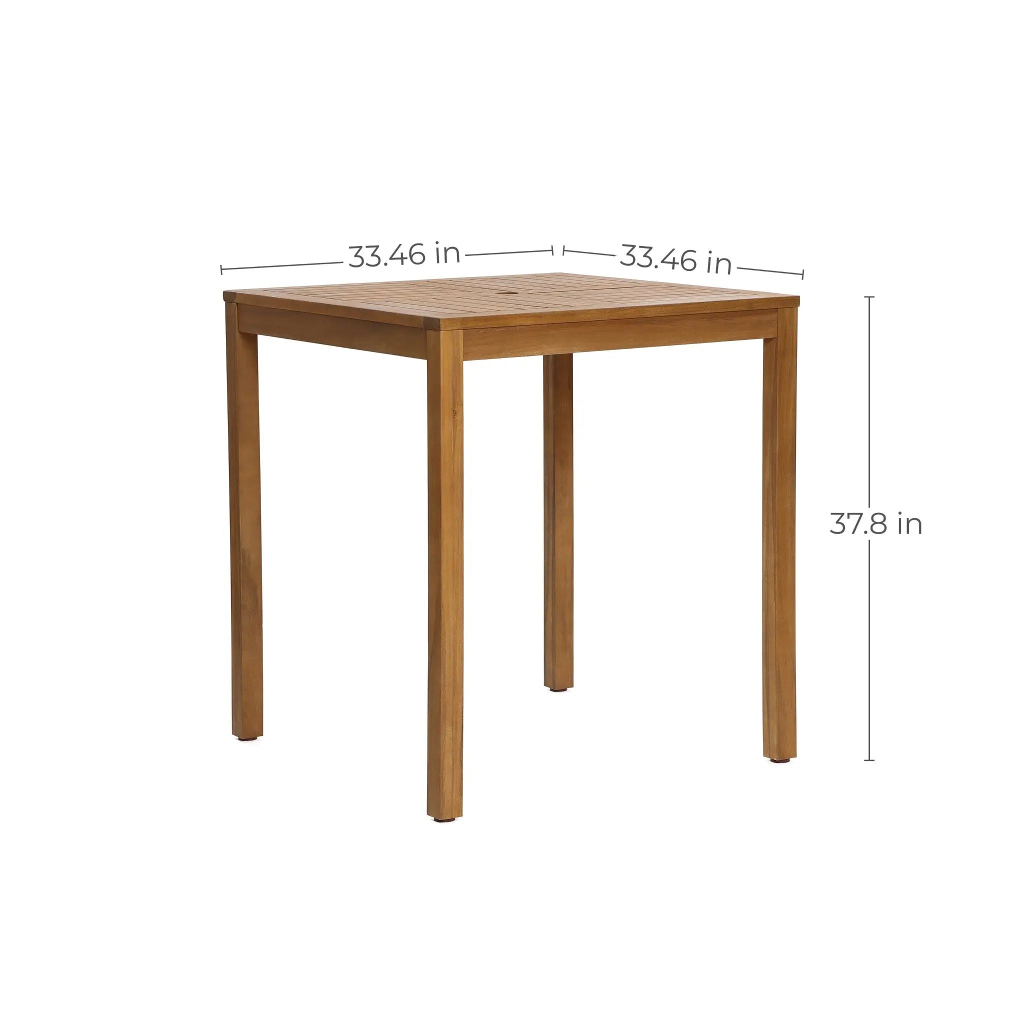 An FSC-Certified Acacia Wood dining table, perfect for outdoor gatherings, measuring 33.46 inches in length and width and standing 37.8 inches tall, comfortably accommodates four people.