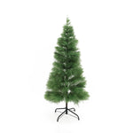 A slim artificial Christmas tree with sparse branches stands on a black metal stand against a plain white background, perfect for minimalist holiday décor.