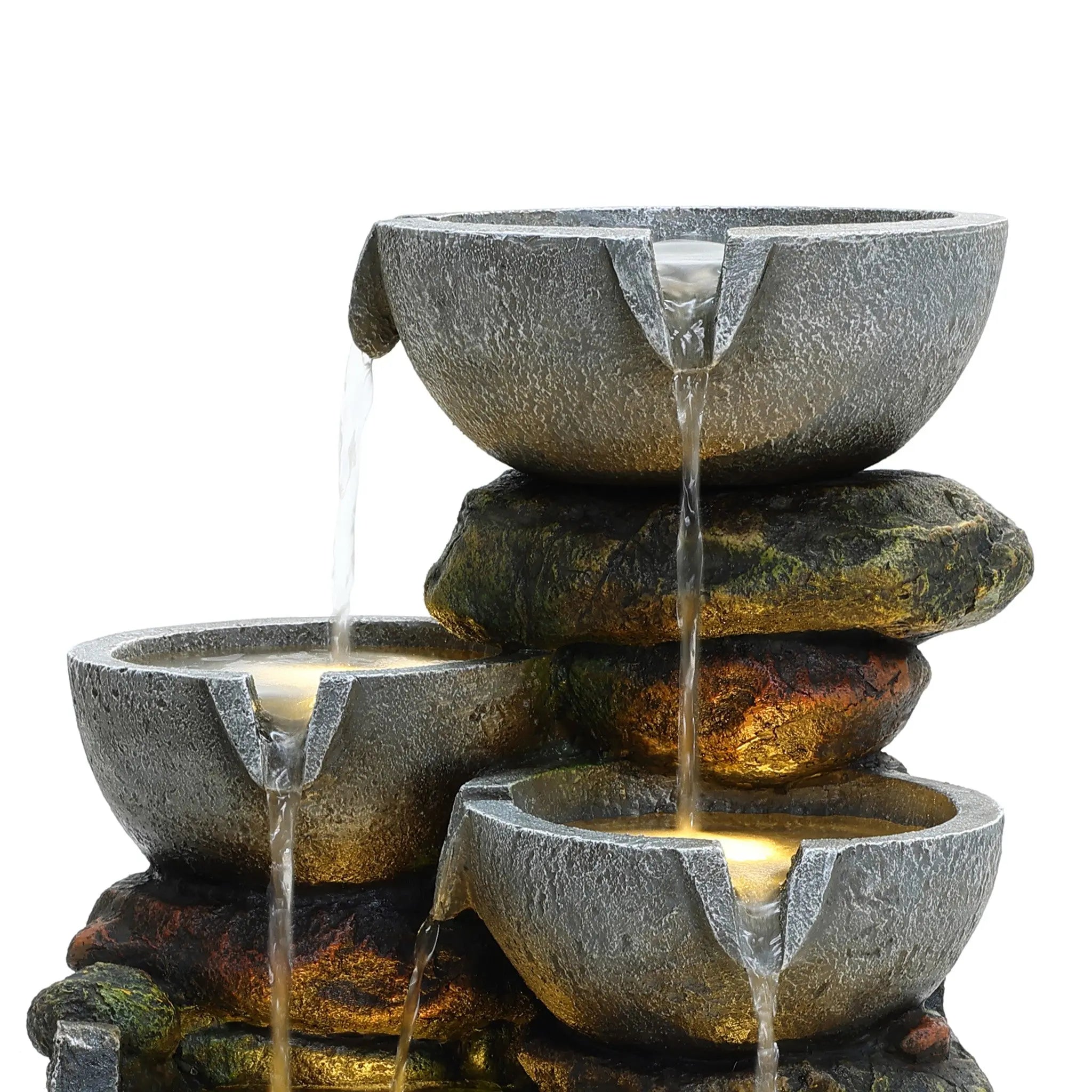 Gray 4-bowl and 5-tier polyresin outdoor water fountain with lights - LuxenHome