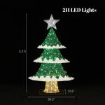 This stunning Christmas tree, a perfect holiday decor piece, features 211 LED lights across three green tiers, topped with a radiant star. It stands at 5.2 ft tall, with dimensions of 36.2 inches wide and 12.6 inches deep, ready to illuminate your festive celebrations.