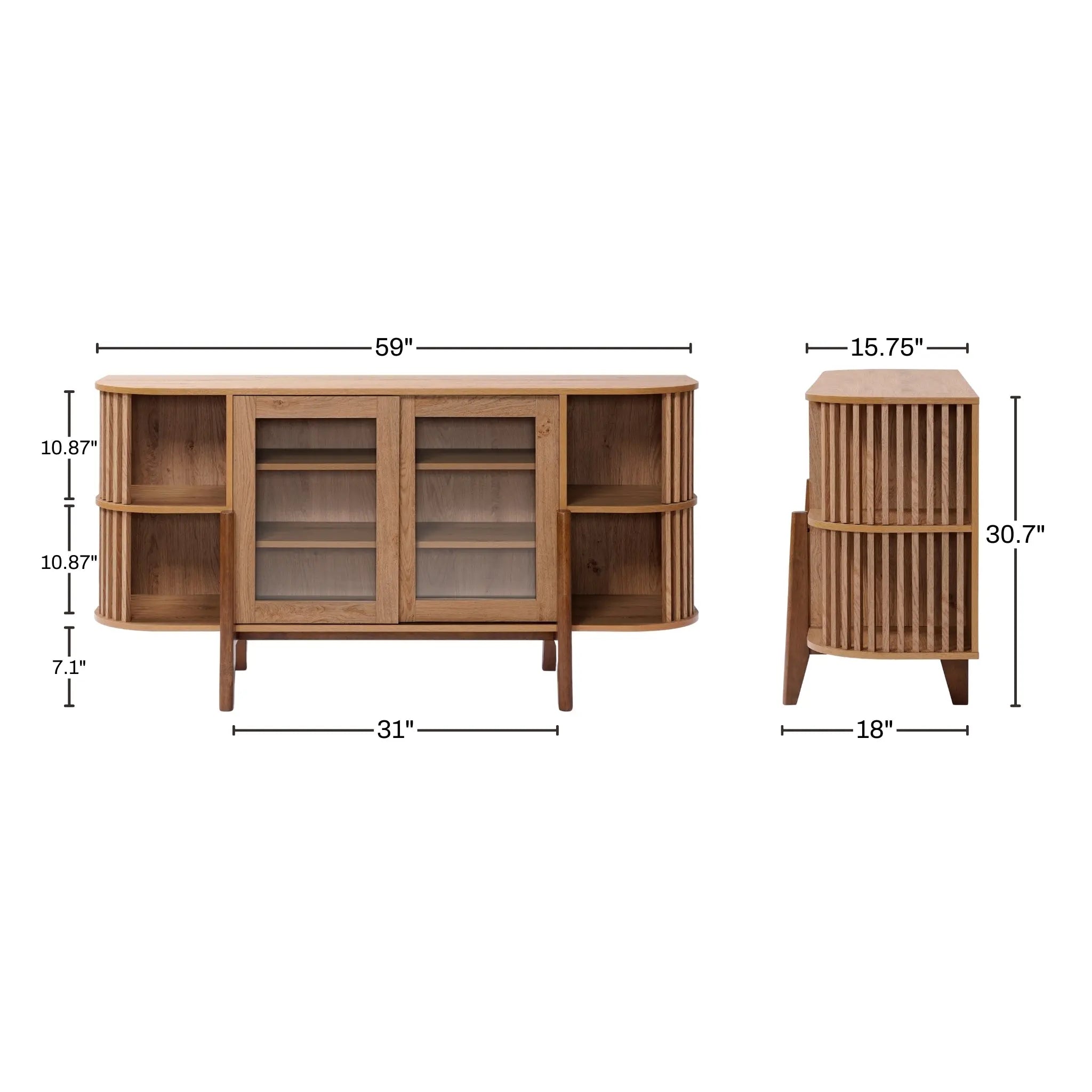 The LuxenHome Miko sideboard server cabinet boasts solid wood legs and a mid-century modern design. With dimensions of 59 inches in width and 30.7 inches in height, it features elegant glass doors and versatile open side shelving for chic storage and display.